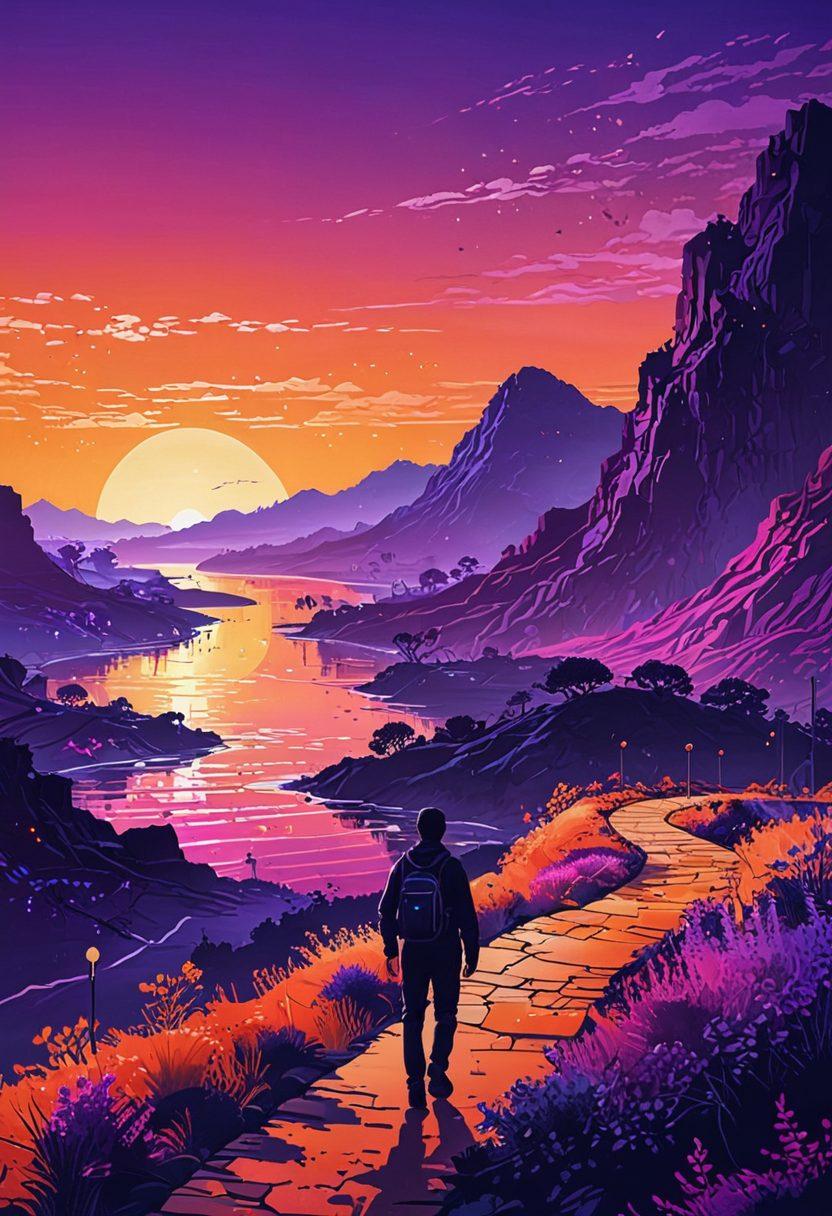 A digital landscape featuring a winding path made of pixels and binary code, showcasing various content creation tools like a camera, microphone, and laptop scattered along the journey. Include silhouettes of people storytelling and creating content, set against a vibrant sunset backdrop blending warm and cool colors. The atmosphere is dynamic and engaging, symbolizing the journey of mastering digital content. vibrant colors. modern digital art.