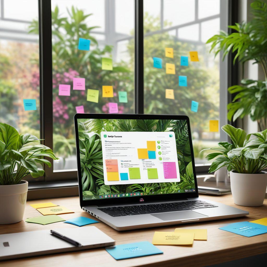 A visually striking workspace featuring a laptop with an open blog page, surrounded by colorful sticky notes and a coffee cup. Include elements representing community engagement like chat bubbles and social media icons floating around. Add a bright window view with plants for an inviting atmosphere. The scene should convey creativity, collaboration, and digital connection. super-realistic. vibrant colors. 3D.
