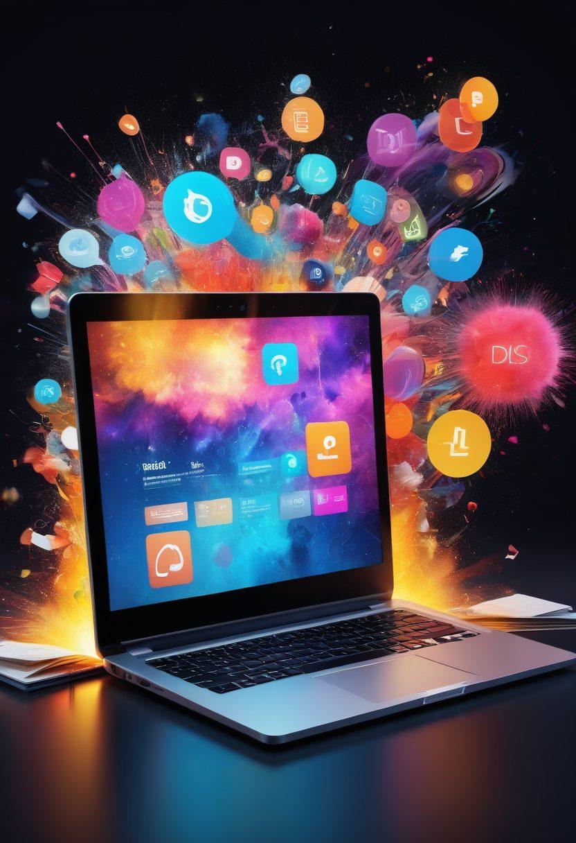 A vibrant collage of digital storytelling elements, featuring a stylized open laptop showcasing a blog with engaging visuals, surrounded by icons of social media, e-books, and storytelling metaphors like a quill and a film reel. The background is a dynamic swirl of colors representing creativity and technology, infused with illuminated text bubbles and abstract shapes. super-realistic. vibrant colors. 3D.